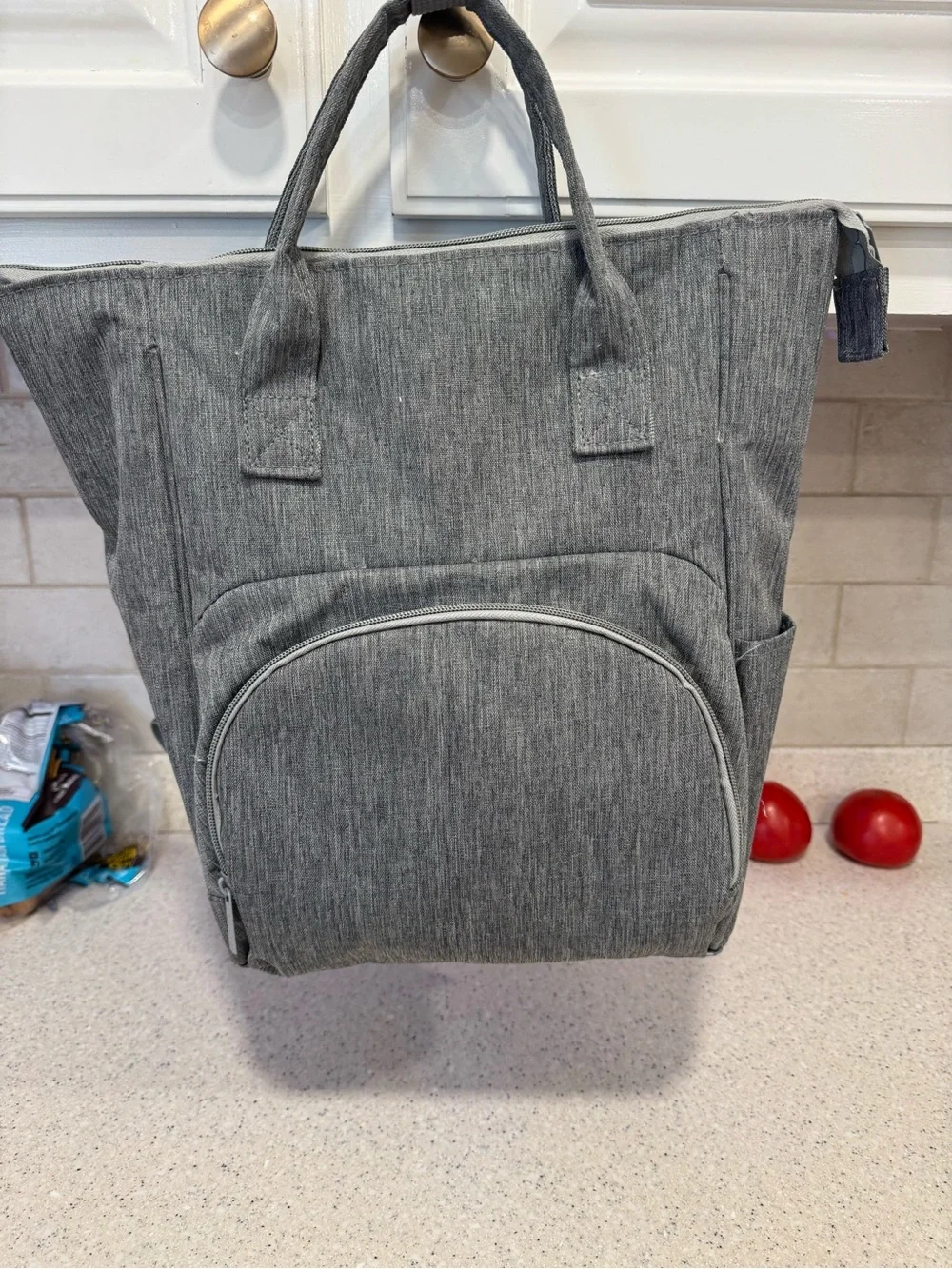 Grey Fabric Baby Diaper Bag Backpack Tote